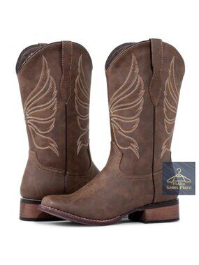 Embroidered Square Toe Cowboy Boots Wide Calf Faux Leather Women's Western Boots
